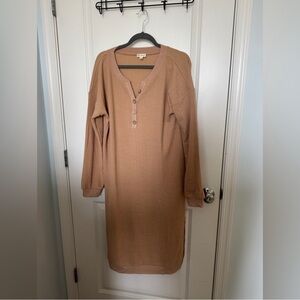 Hem & Thred Midi Sweater Dress Tan Brown V-Neck Button Down Size Large NWOT